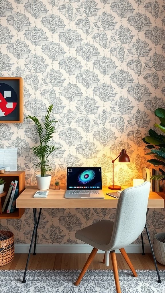 Cozy desk setup with floral wallpaper, laptop, potted plant, and warm lighting
