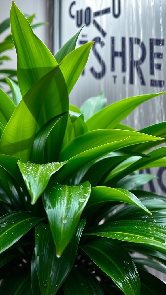 Close-up of lush green Zz plant leaves with water droplets.