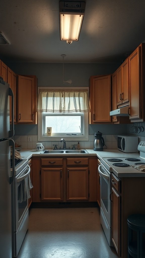 An old, lifeless kitchen with wooden cabinets and outdated appliances.