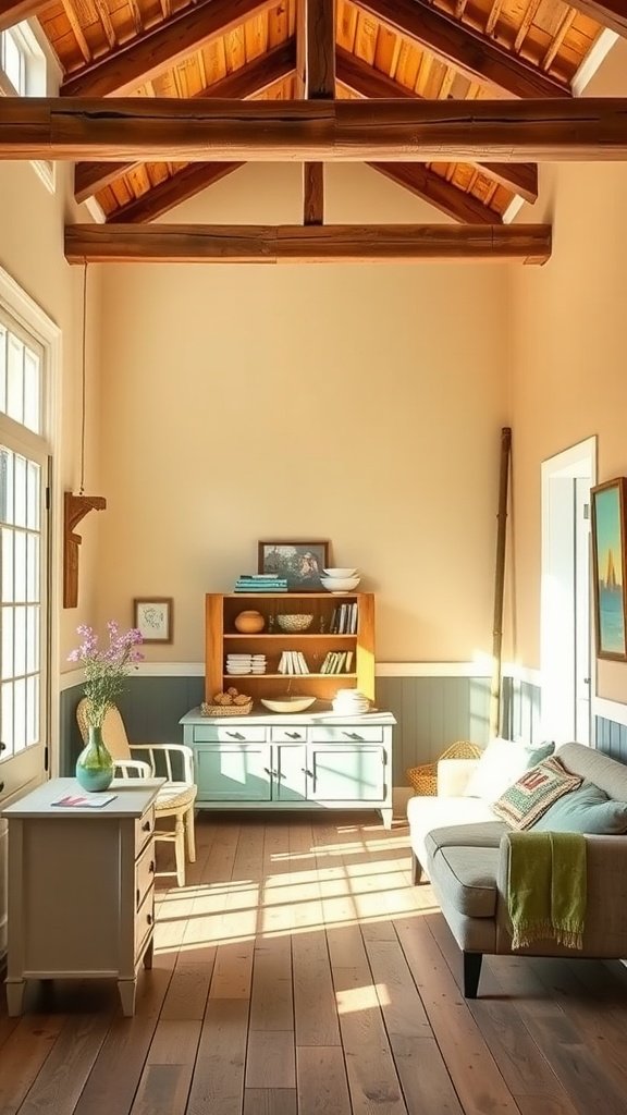 Cozy farmhouse living room with wooden beams, warm walls, and blue-green furniture.