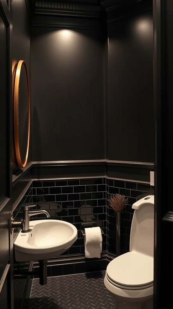 A chic black small bathroom featuring dark walls, stylish fixtures, and a round mirror.