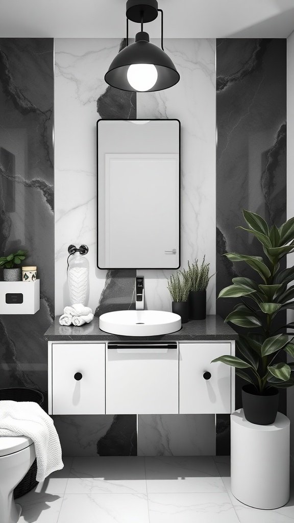 Modern black and white bathroom with marble tiles, stylish sink, and plants