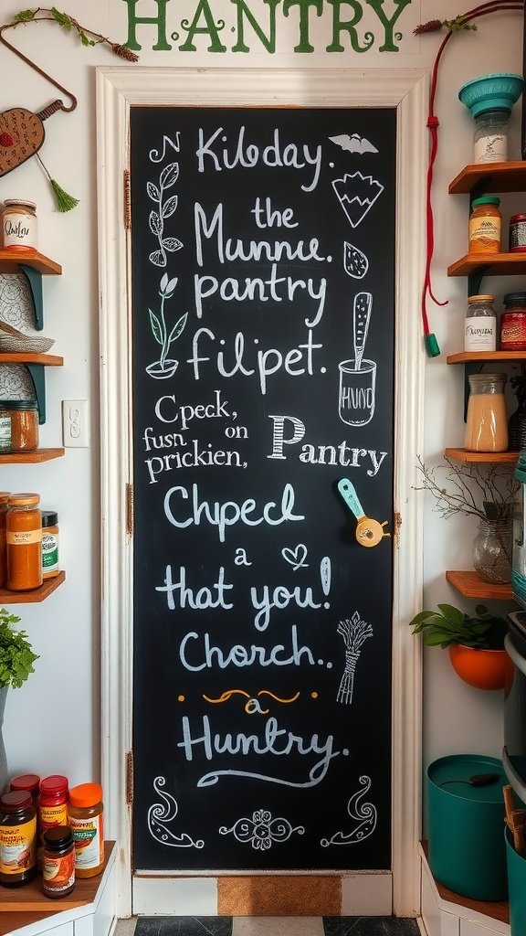 Chalkboard pantry door with playful messages and doodles