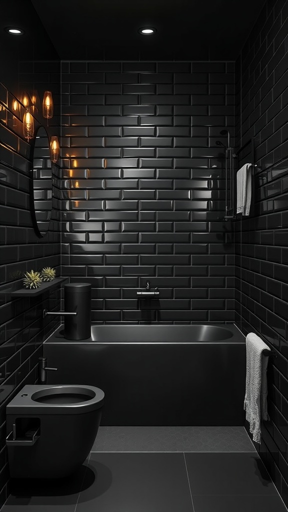 Stylish black bathroom featuring glossy tiles, modern fixtures, and warm lighting.