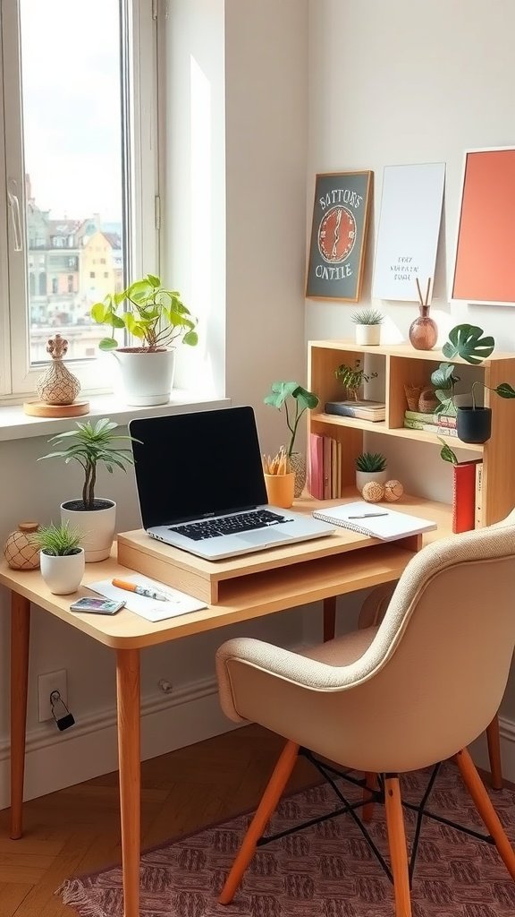 A cozy desk setup featuring a wooden desk, laptop, plants, and minimalist decor.