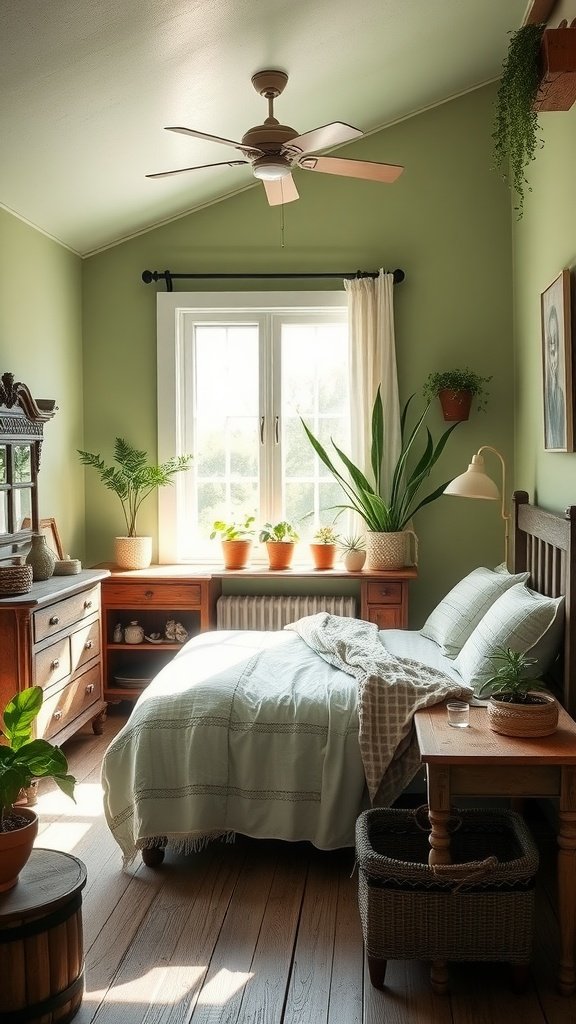 Cozy cottage style bedroom with sage green walls, wooden furniture, and plants.
