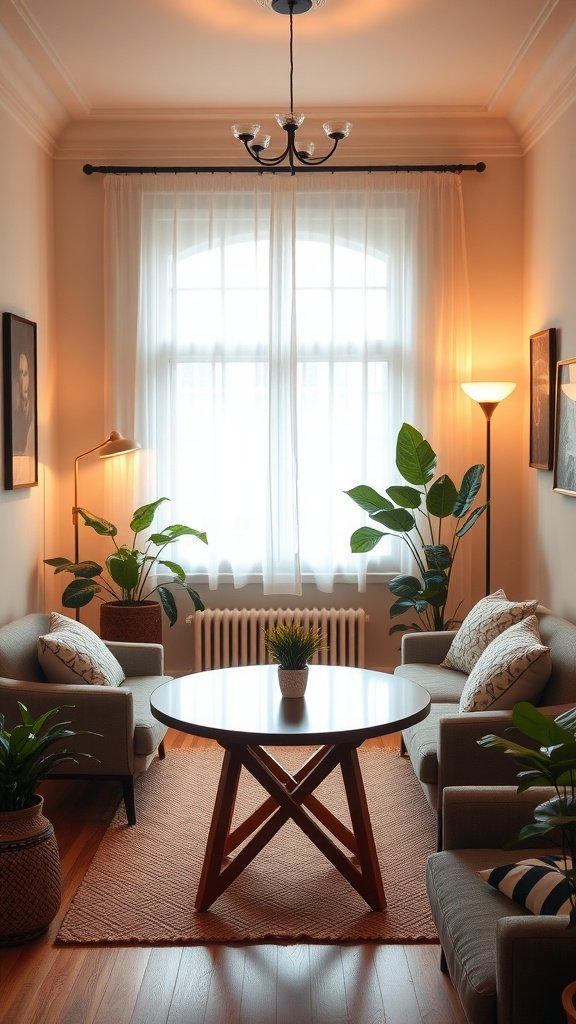 A cozy living room with two sofas, a round coffee table, plants, and soft lighting.