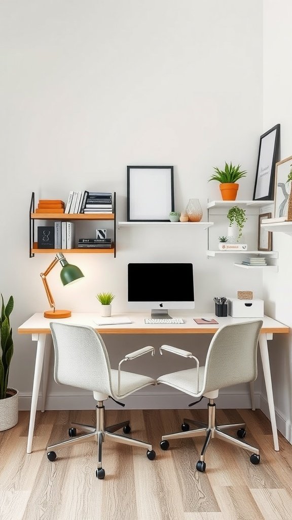 A small home office with a double desk layout featuring divider shelves, two chairs, and greenery.