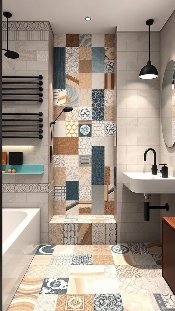 A bathroom with a variety of tile designs, showcasing a mixture of patterns and colors on the walls and floors.