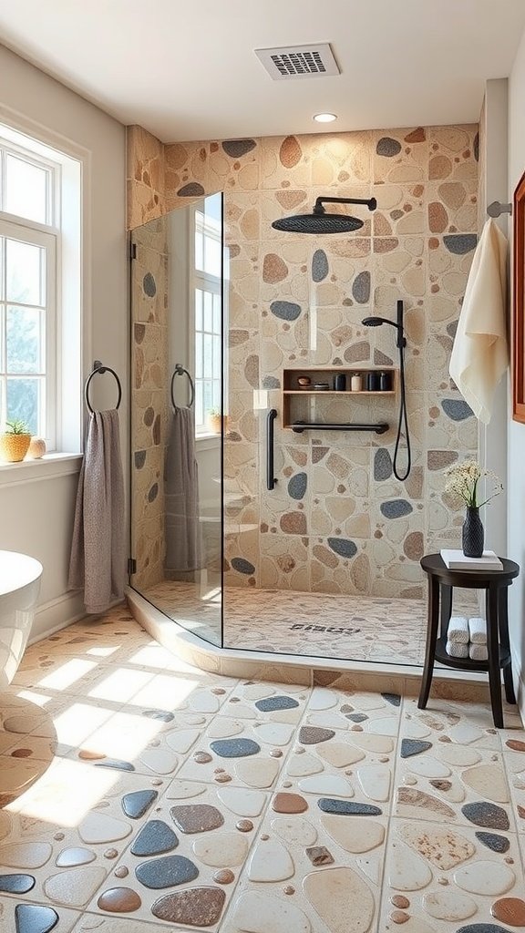 A stylish bathroom with pebble tile walls and floor, featuring a glass shower and natural light.