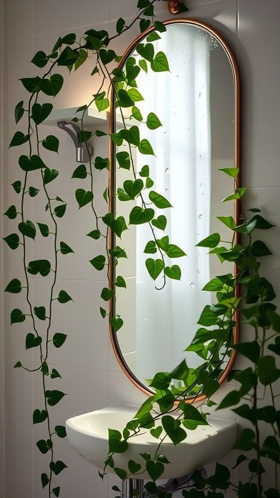 A bathroom with a mirror framed in copper surrounded by cascading English Ivy, demonstrating moisture absorption.