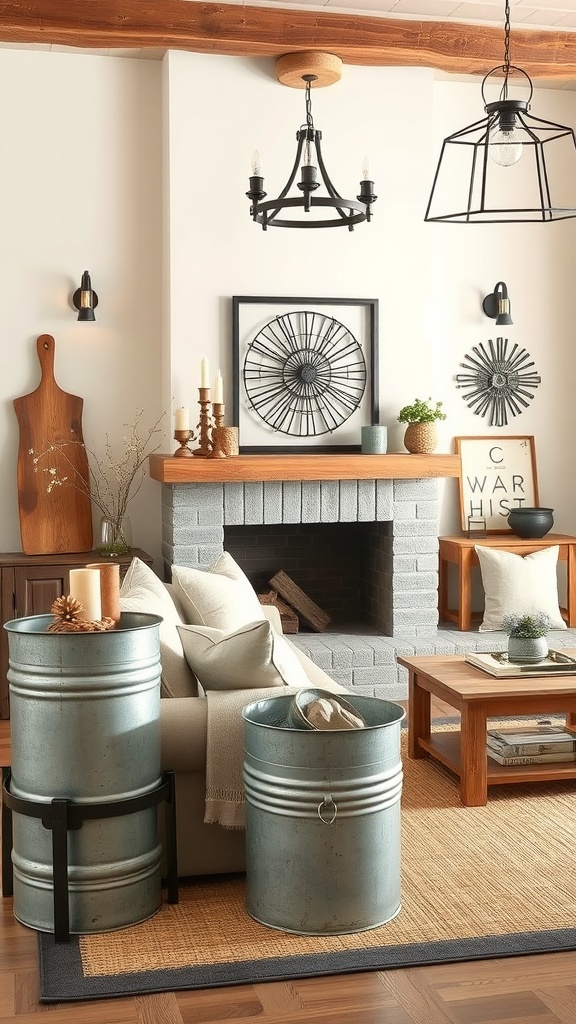 Modern farmhouse living room featuring galvanized metal decor items, bright lighting, and cozy furnishings.
