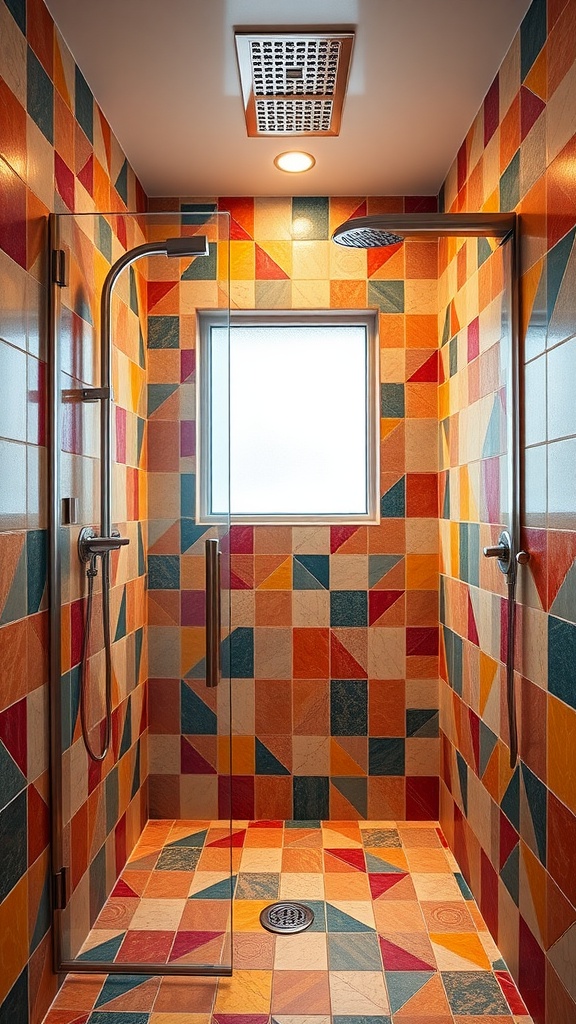 A vibrant walk-in shower featuring geometric patterned tiles in orange, blue, and red.