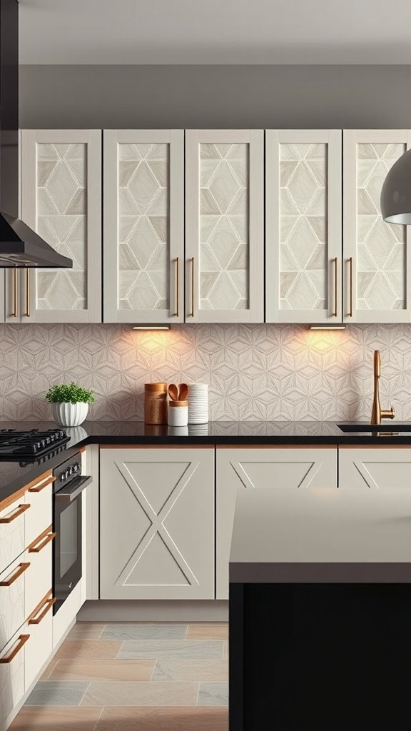 Kitchen with cabinets featuring geometric patterns, light colors, and modern design.