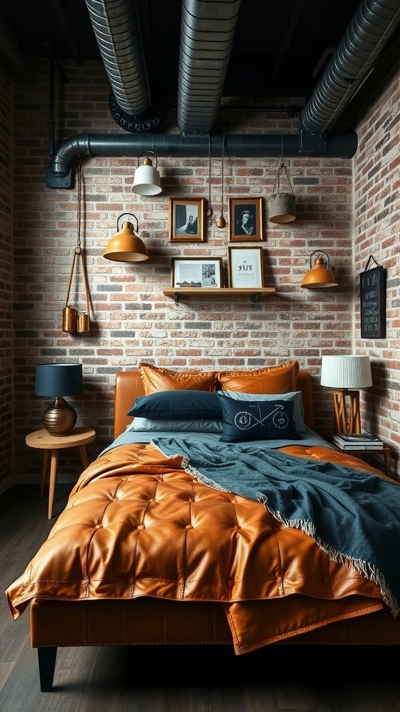 A modern industrial bedroom featuring a leather bedspread, exposed brick walls, and metal accents.