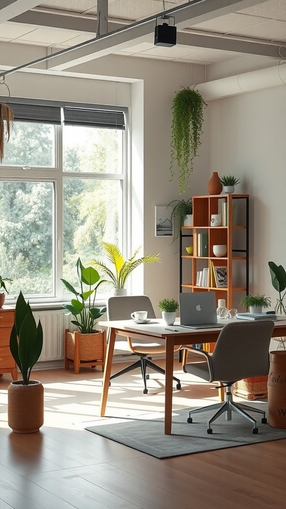A modern office with plants, natural light, and a cozy setup, perfect for incorporating aromatherapy.
