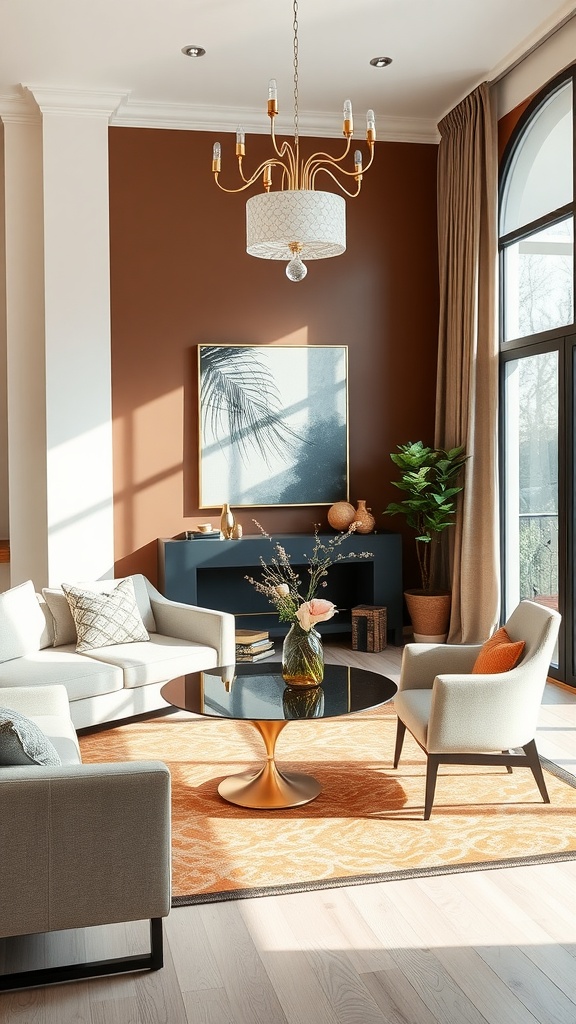 Stylish living room-dining room combo with warm brown walls, modern furniture, and decorative elements.