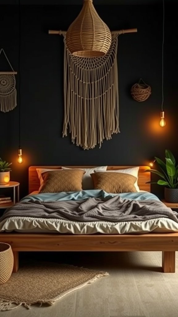 A dark boho bedroom featuring a low wooden platform bed with layered bedding, macrame wall art, and warm pendant lights.