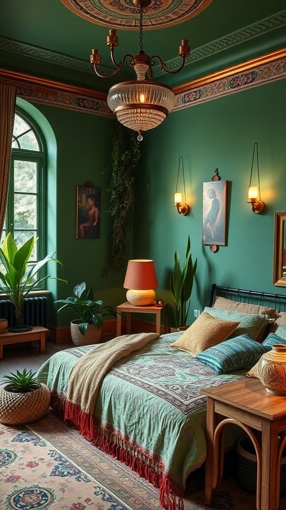 A luxurious Bohemian bedroom with emerald green walls, cozy bedding, and decorative plants.