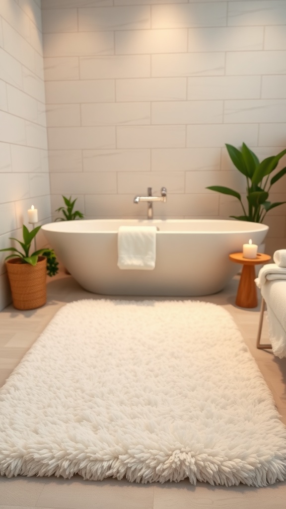 A luxurious spa bath mat in front of a stylish bathtub with candles and plants.