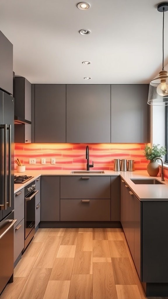 A modern U-shaped kitchen featuring a vibrant ombre tiles backsplash transitioning from red to pink.