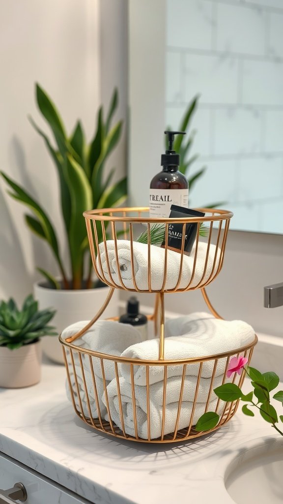 Metal two-tier basket holding towels and skincare products on a bathroom counter