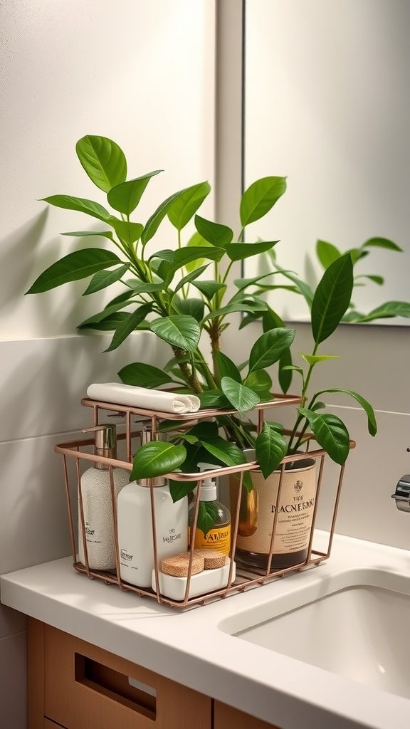A metal two-tier basket on a bathroom counter holding plants and toiletries.