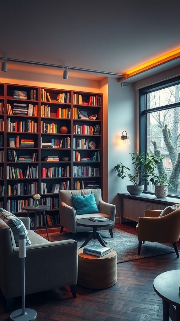 Cozy and modern library room with bookshelves, plants, and comfortable seating.