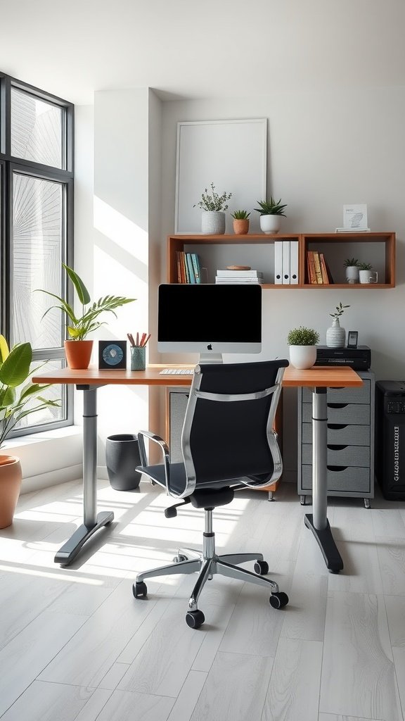 Modern workspace with adjustable desk, storage solutions, and plants