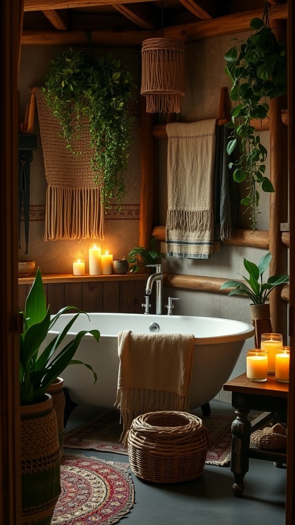 Moody boho bathroom with a freestanding bathtub, candles, plants, and rich textures.