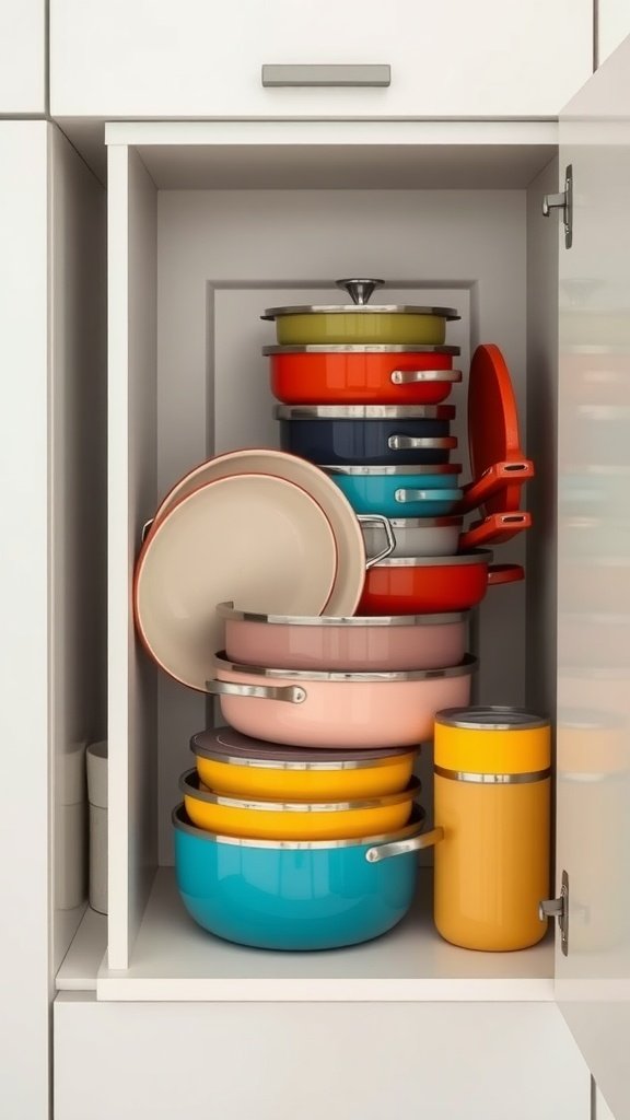 Colorful nesting cookware stored neatly in a cabinet