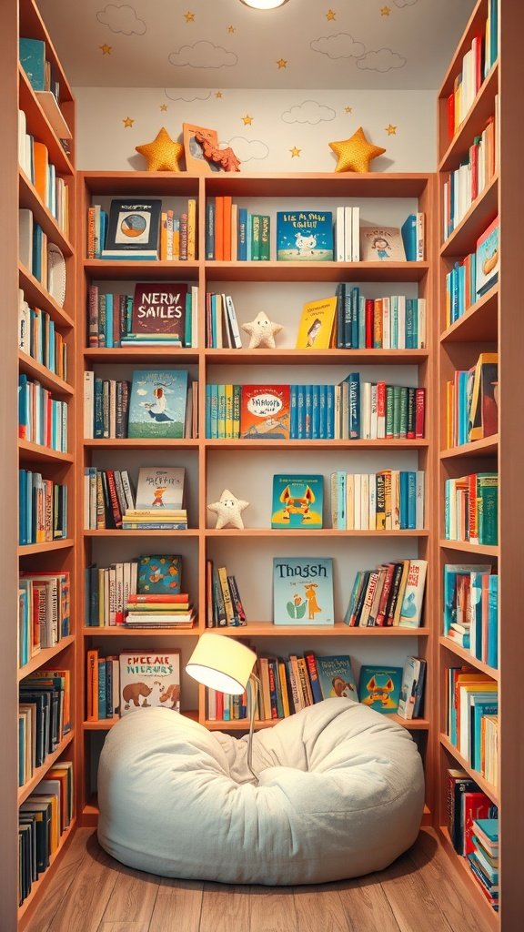 Cozy reading nook between bookshelves with colorful books and a bean bag chair