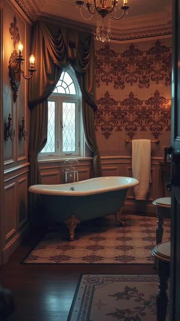 An opulent Victorian bathroom featuring a freestanding bathtub, ornate wallpaper, and elegant lighting.