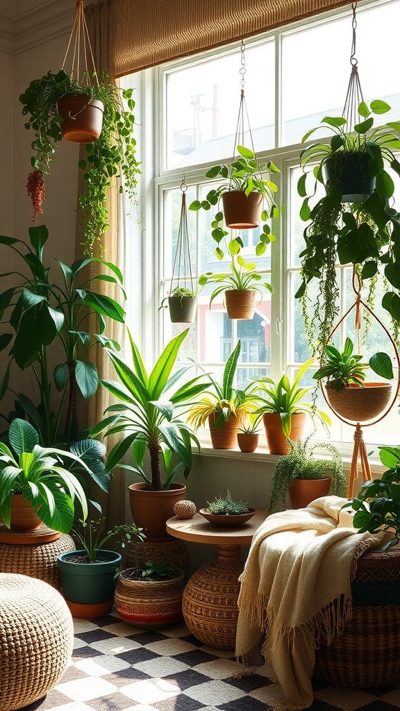 A bright living room filled with various potted plants, hanging planters, and a cozy blanket.