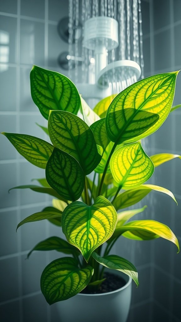 A prayer plant with vibrant green leaves in a shower setting, capturing moisture.
