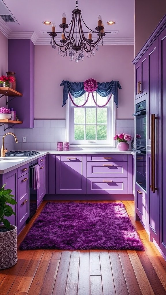 A stylish kitchen featuring various shades of purple cabinets, a fluffy purple rug, and elegant gold accents.