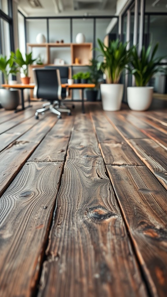 A cozy office space featuring rustic wood planks on the floor, with modern furniture and plants.