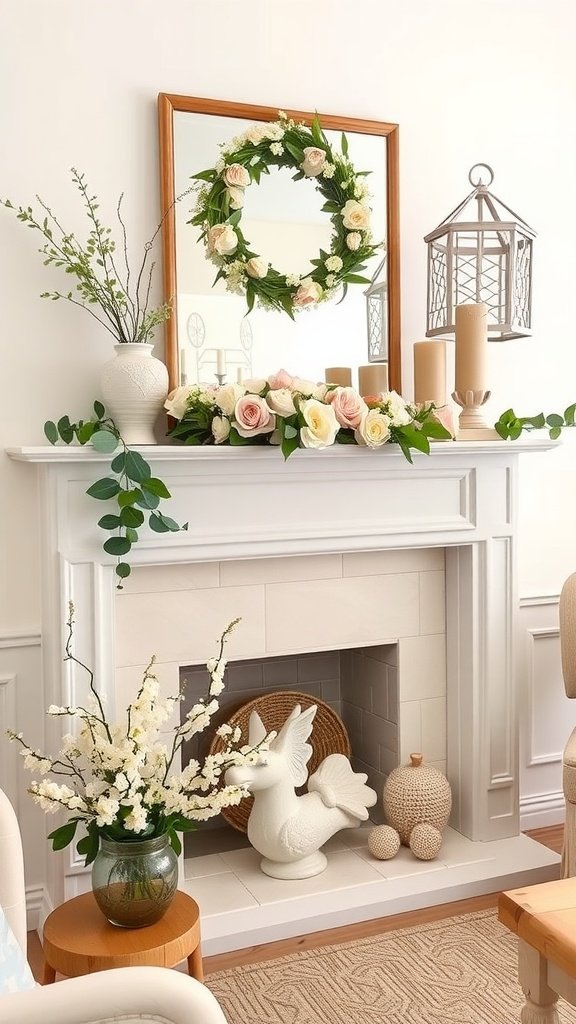 A spring-themed mantel featuring a mirror, a floral wreath, candles, and decorative accents.
