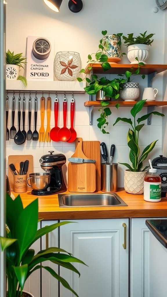 A small kitchen with wooden countertops, hanging utensils, and potted plants