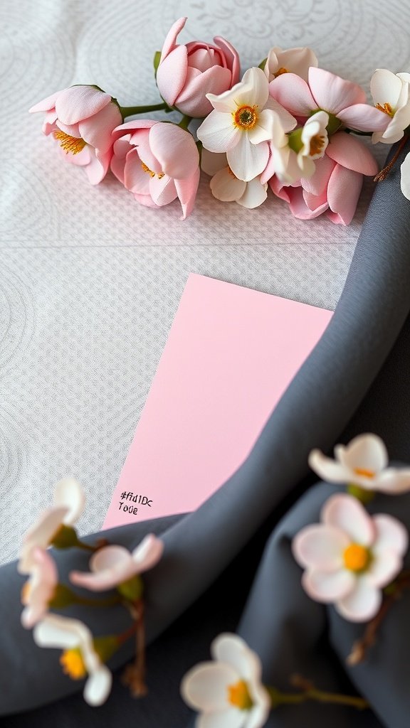 An arrangement of soft pink flowers and a pink card on a gray fabric