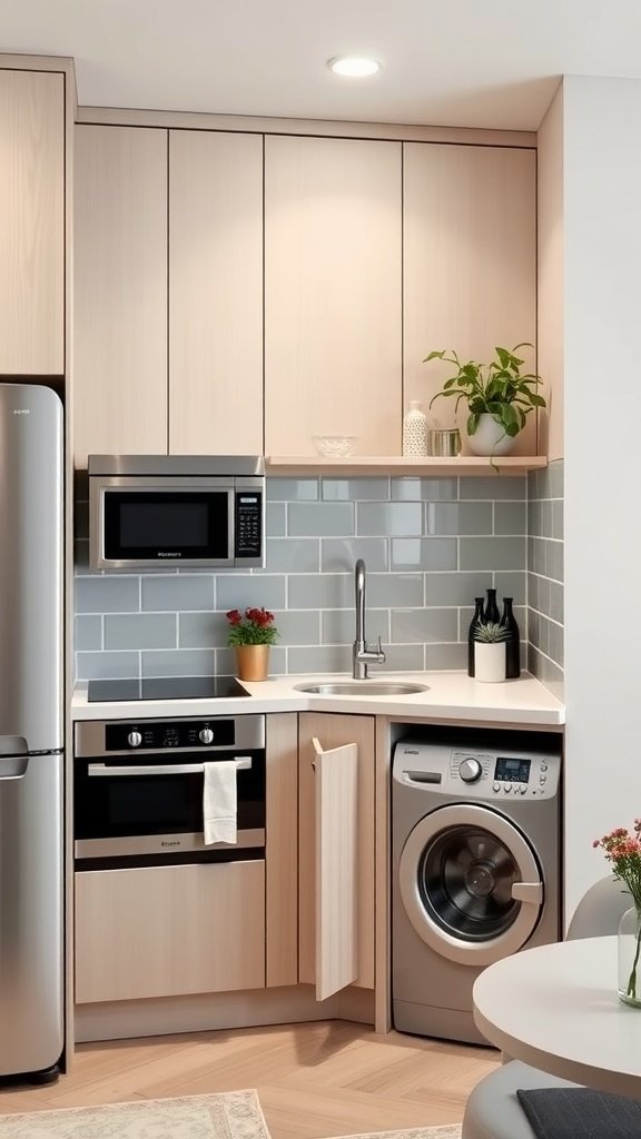 A small kitchen featuring a space-saving corner sink, modern appliances, and light wood cabinetry.