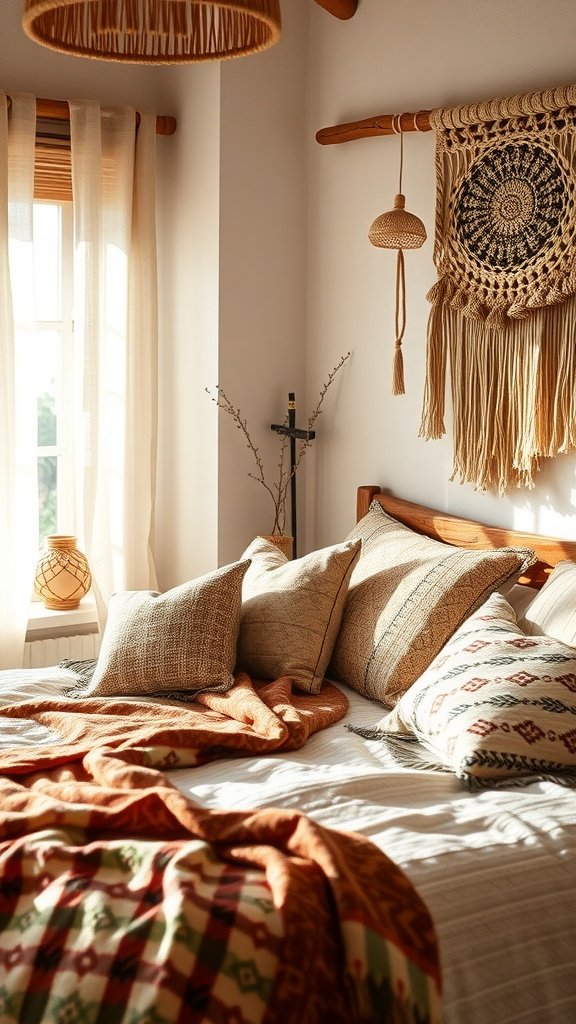 Cozy Boho bedroom with textured layers, featuring soft pillows and a patterned blanket