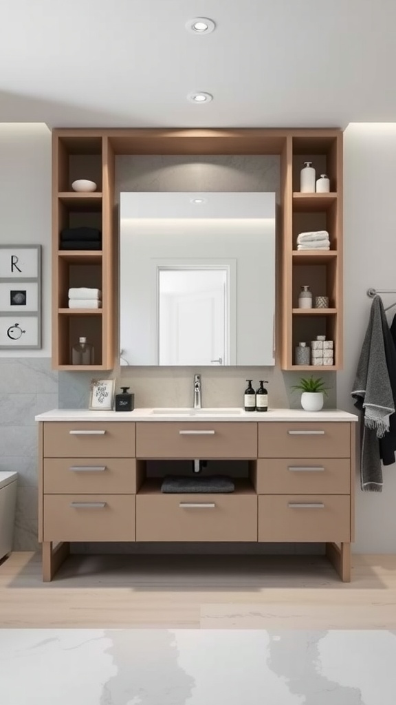 Modern bathroom vanity with built-in storage and open shelving.