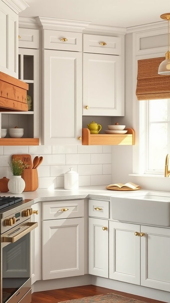 Bright kitchen featuring white farmhouse cabinets with gold hardware, wooden shelves, and a cozy atmosphere.