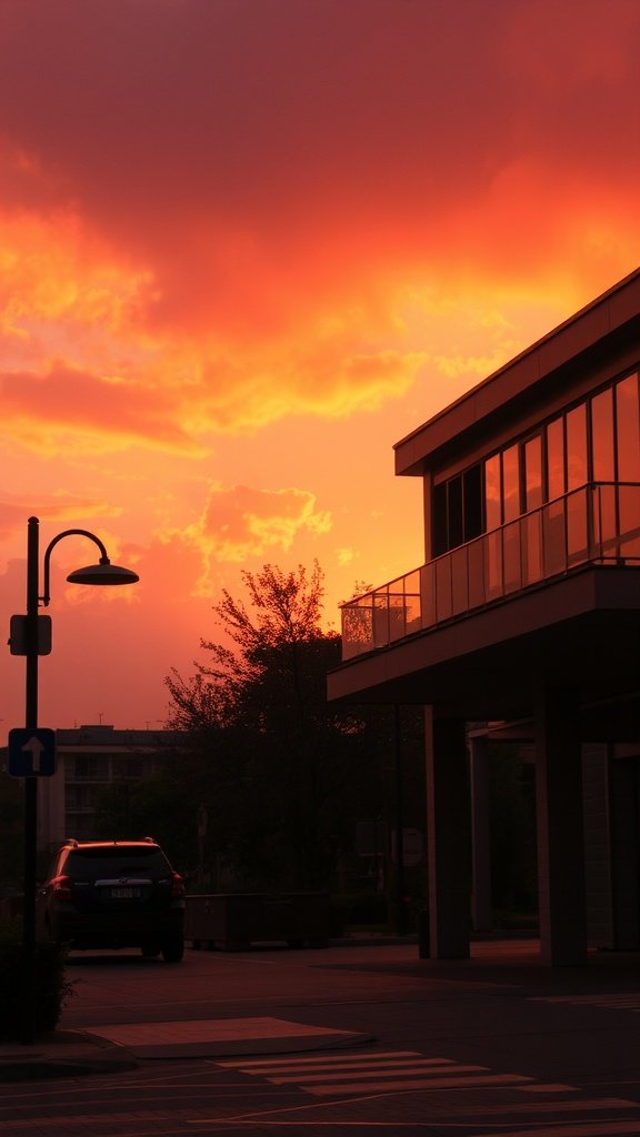 A sunset view with a modern building silhouette, showcasing warm colors in the sky
