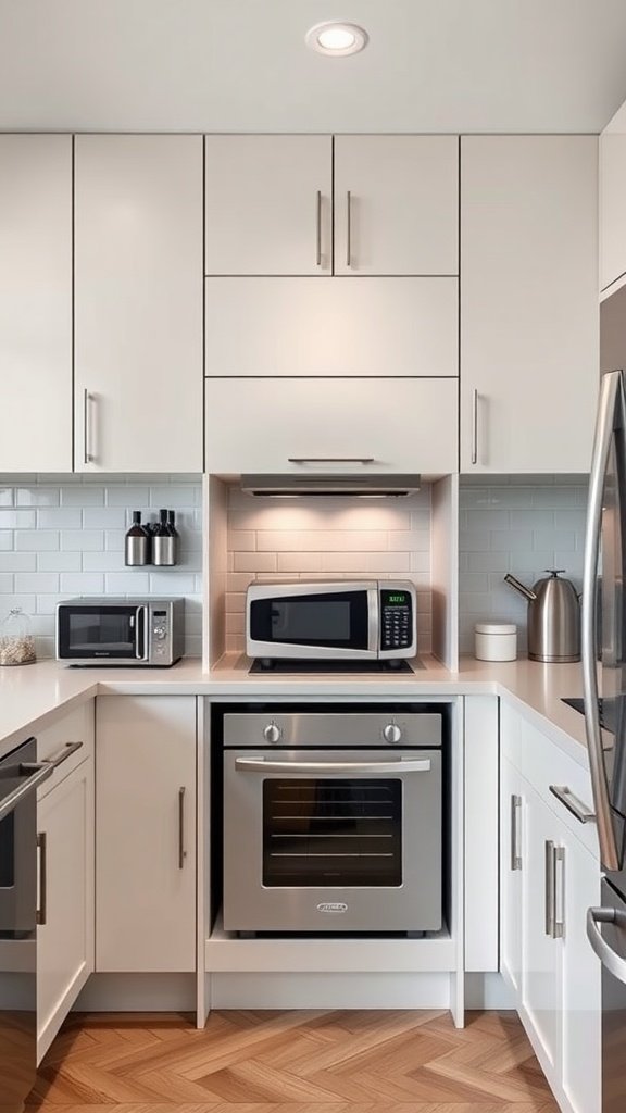 Modern kitchen with an appliance garage featuring a roll-up door for hiding countertop appliances.