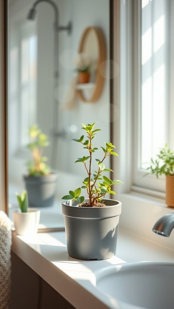 A Baby's Tear plant in a gray pot on a bathroom countertop, with sunlight shining through a window.