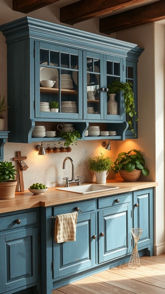 A kitchen featuring blue rustic cabinets with open shelves, wooden countertop, and plants.
