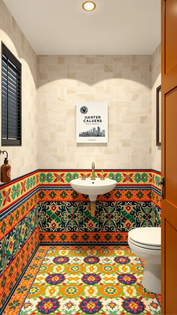 A colorful bathroom featuring patterned border tiles and a stylish sink.