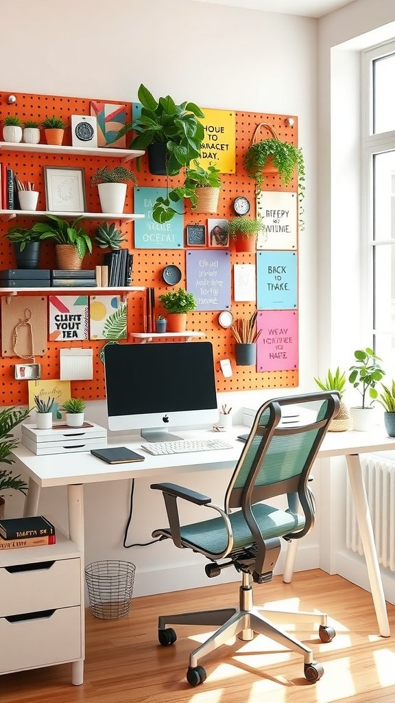 Bright home office with a pegboard wall, desk, and plants